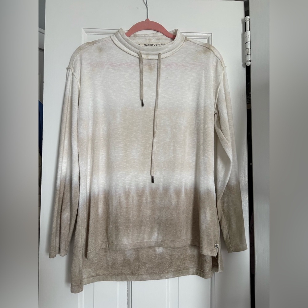 Max Studio Cream to Taupe Ombre Drawstring Mock-Neck Sweater